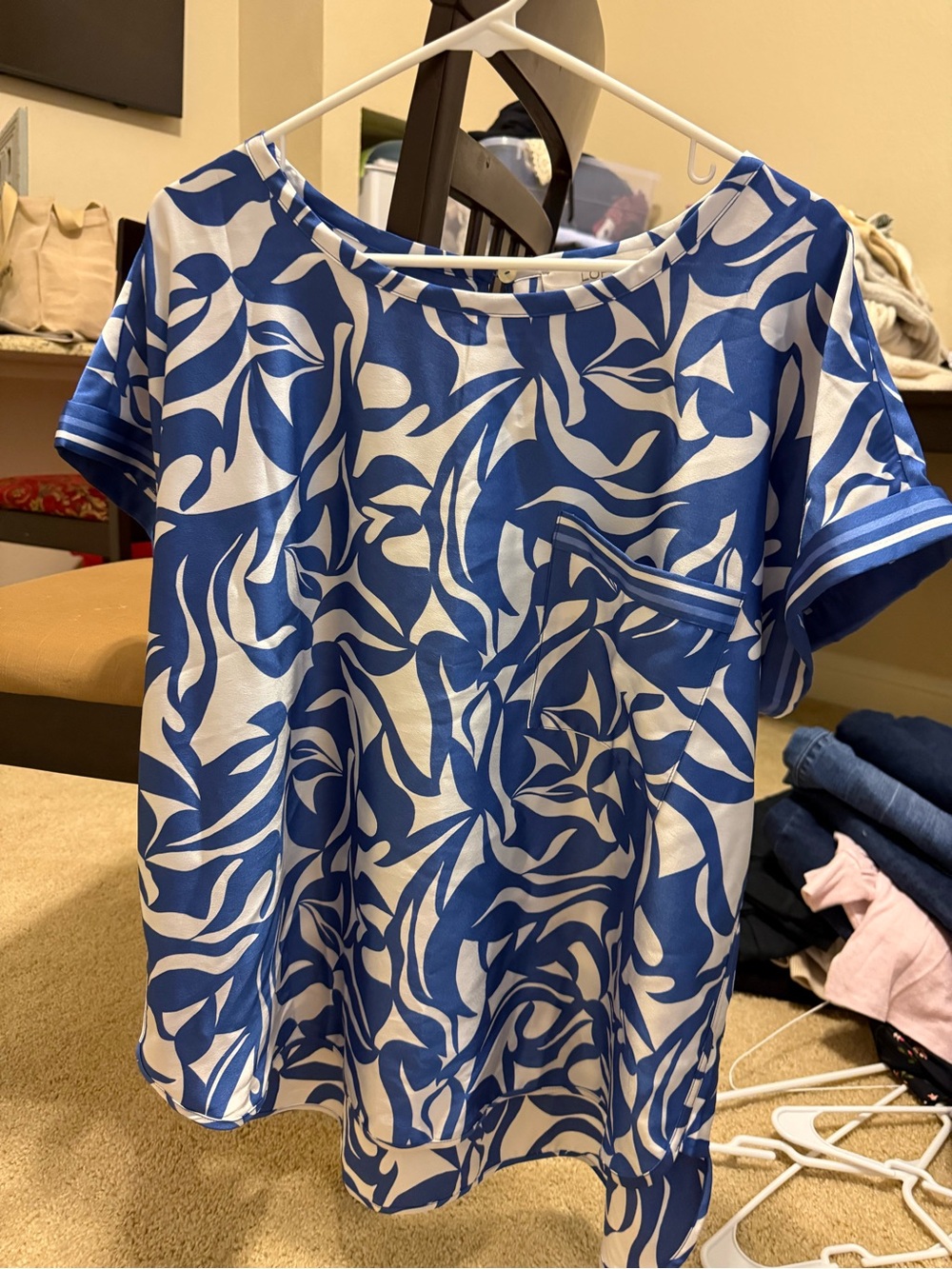 LOFT Blue and White Short-Sleeve Printed Top